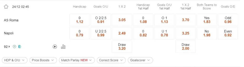 prediction AS Roma vs Napoli 24122023